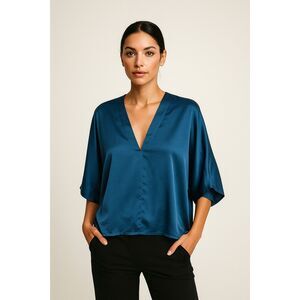 NWT  THE RESET Blue Satin V Neck Pullover Blouse Top Shirt Women's Size Small